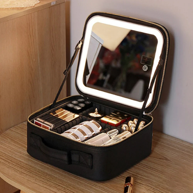 Sac de maquillage avec miroir LED – 3 modes d’éclairage & rechargeable USB