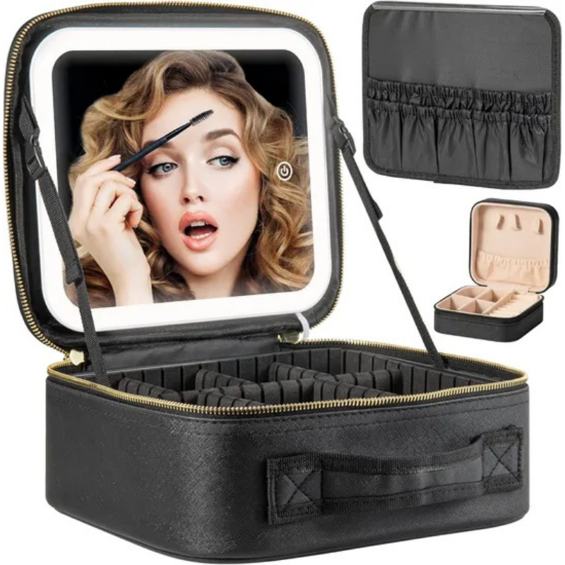 Sac de maquillage avec miroir LED – 3 modes d’éclairage & rechargeable USB